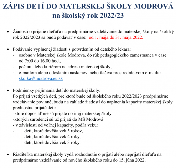 ZÁPIS DETÍ DO MATERSKEJ ŠKOLY MODROVÁ na školský rok 2022-1